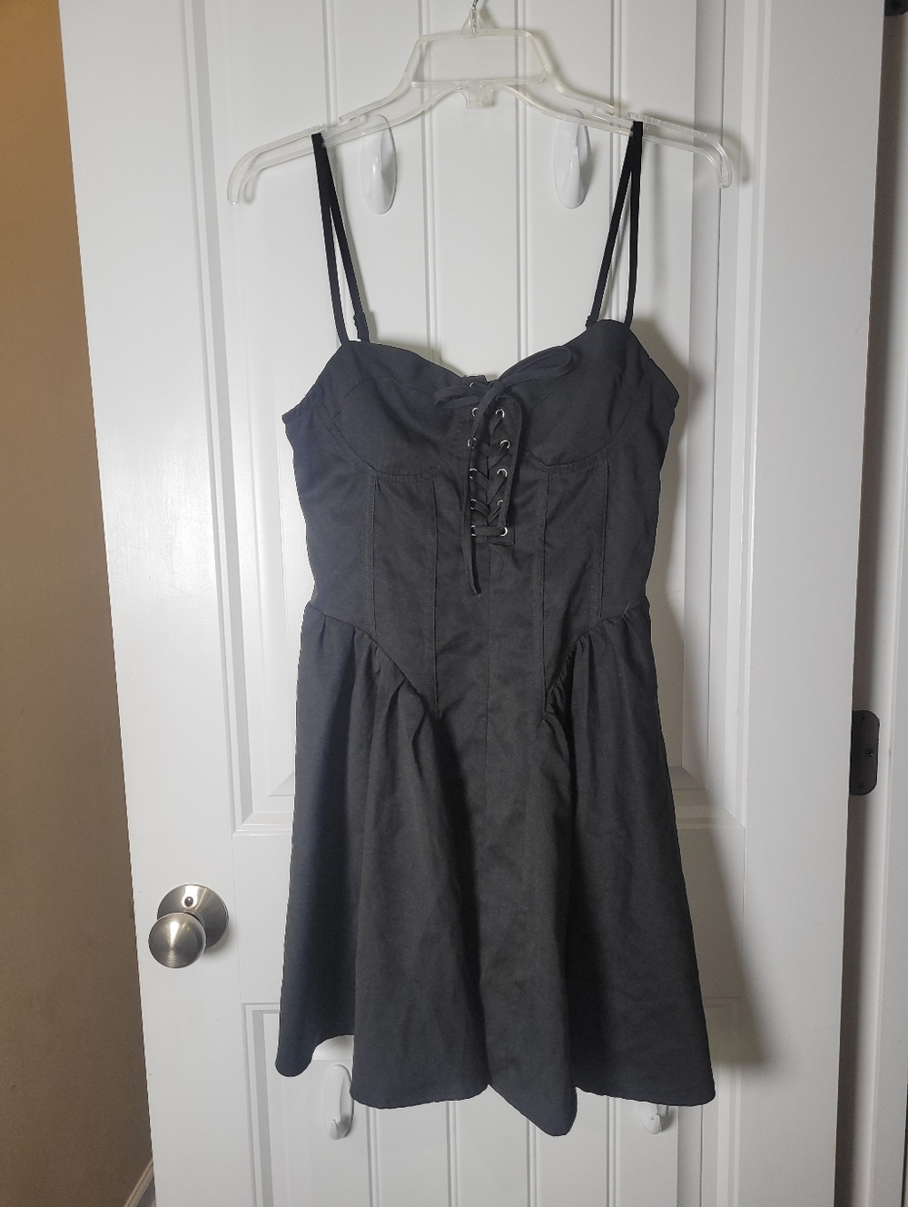 Black Lace-Up Bustier Skater Dress Gothic by Shein